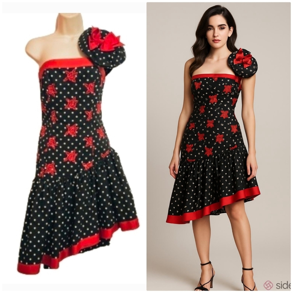 Victor Costa Black Red Floral Polka Dot One Shoulder Dress Small
